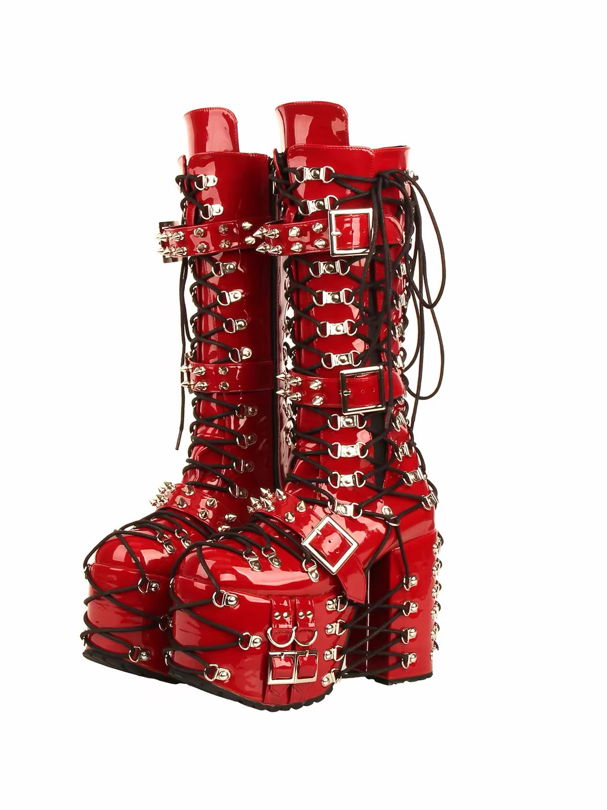 Red patent knee-high platform boots side angle