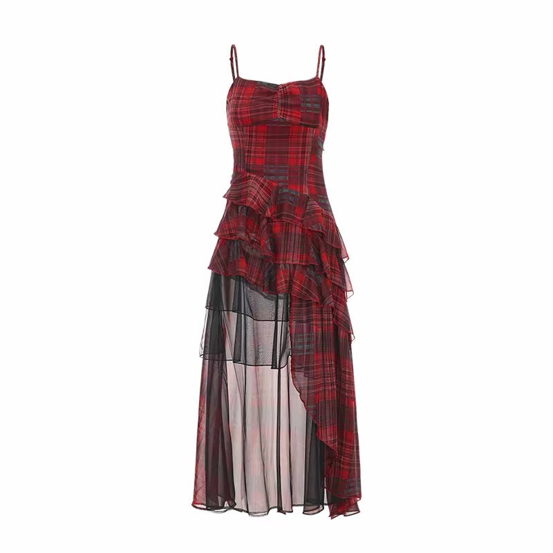 Red plaid asymmetrical dress with layered ruffles and sheer black panel