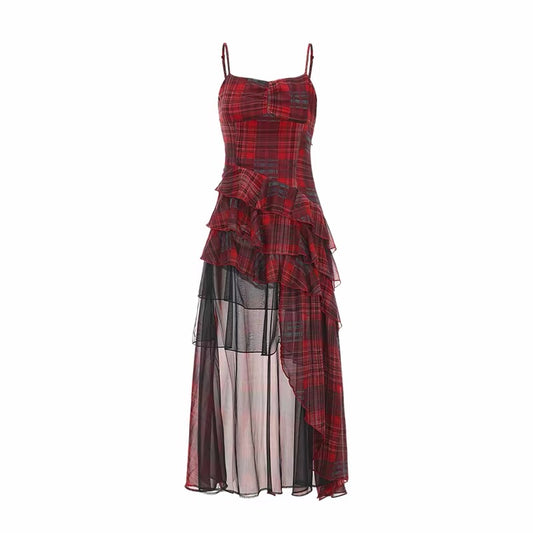 Red plaid asymmetrical dress with layered ruffles and sheer black panel