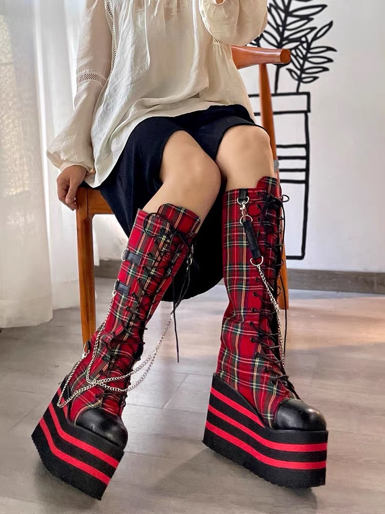 Red plaid platform boots styled on model
