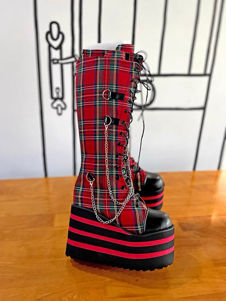 Red plaid knee-high platform boots side view