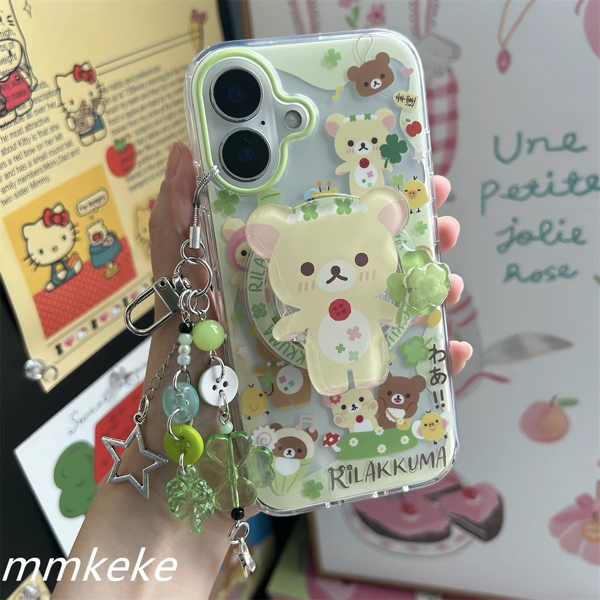 Green Rilakkuma clover phone case with magnetic bear holder and green charm