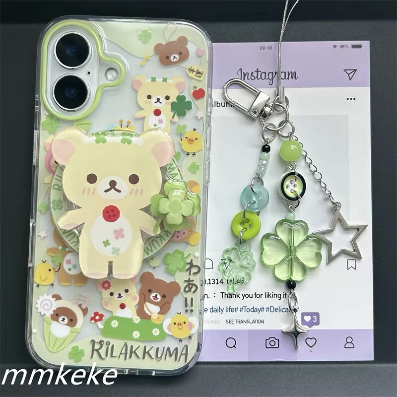 Rilakkuma clover phone case with green beaded charm