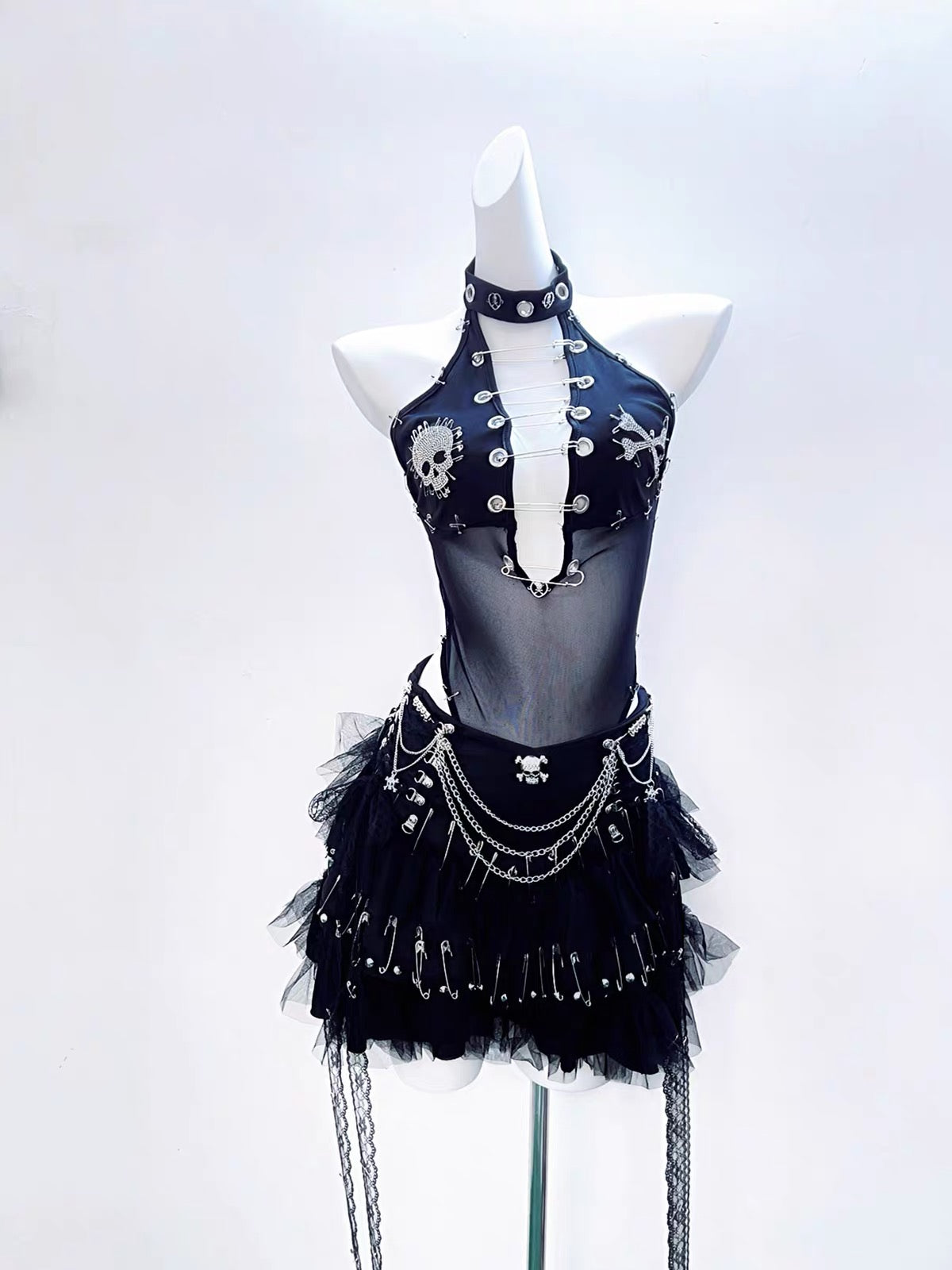 Black safety pin skull top and layered skirt full set front view