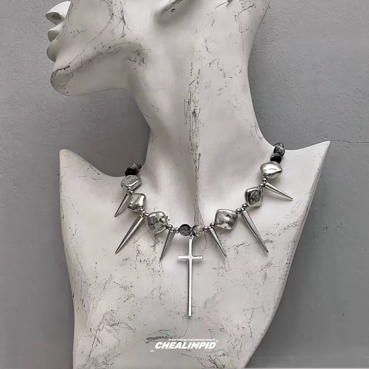 Silver-tone spike and cross necklace