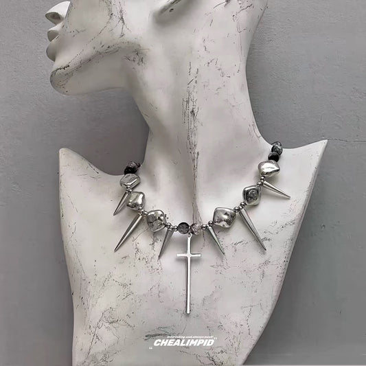 Silver-tone spike and cross necklace