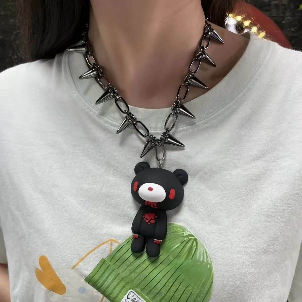 Black spiked chain bear charm necklace