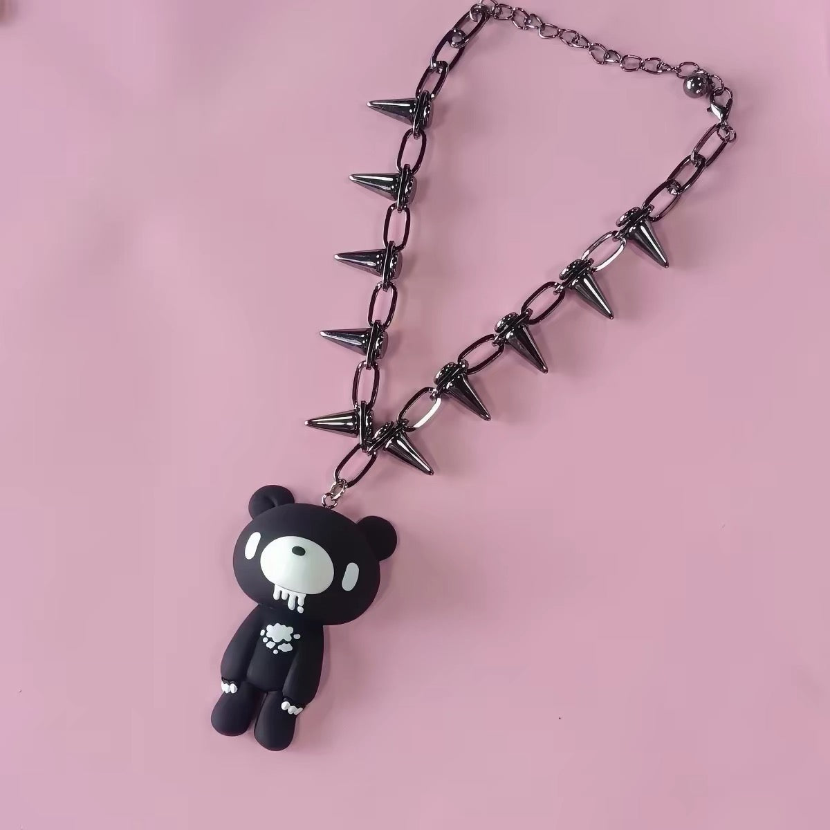 Black spiked chain necklace with bear charm