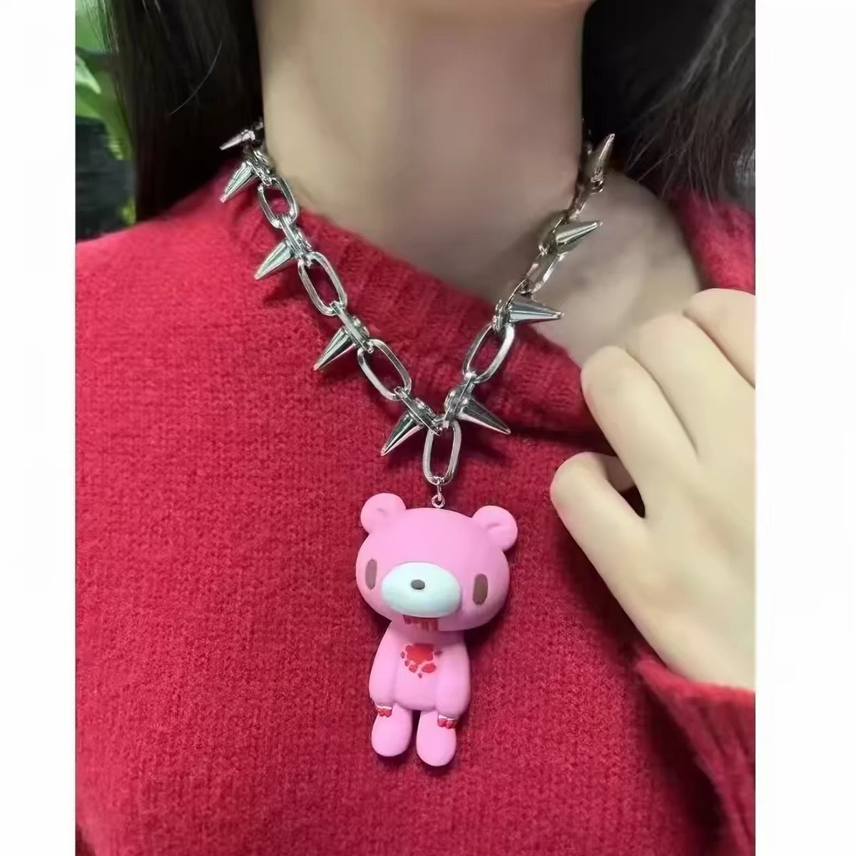 Pink bear charm spiked chain necklace