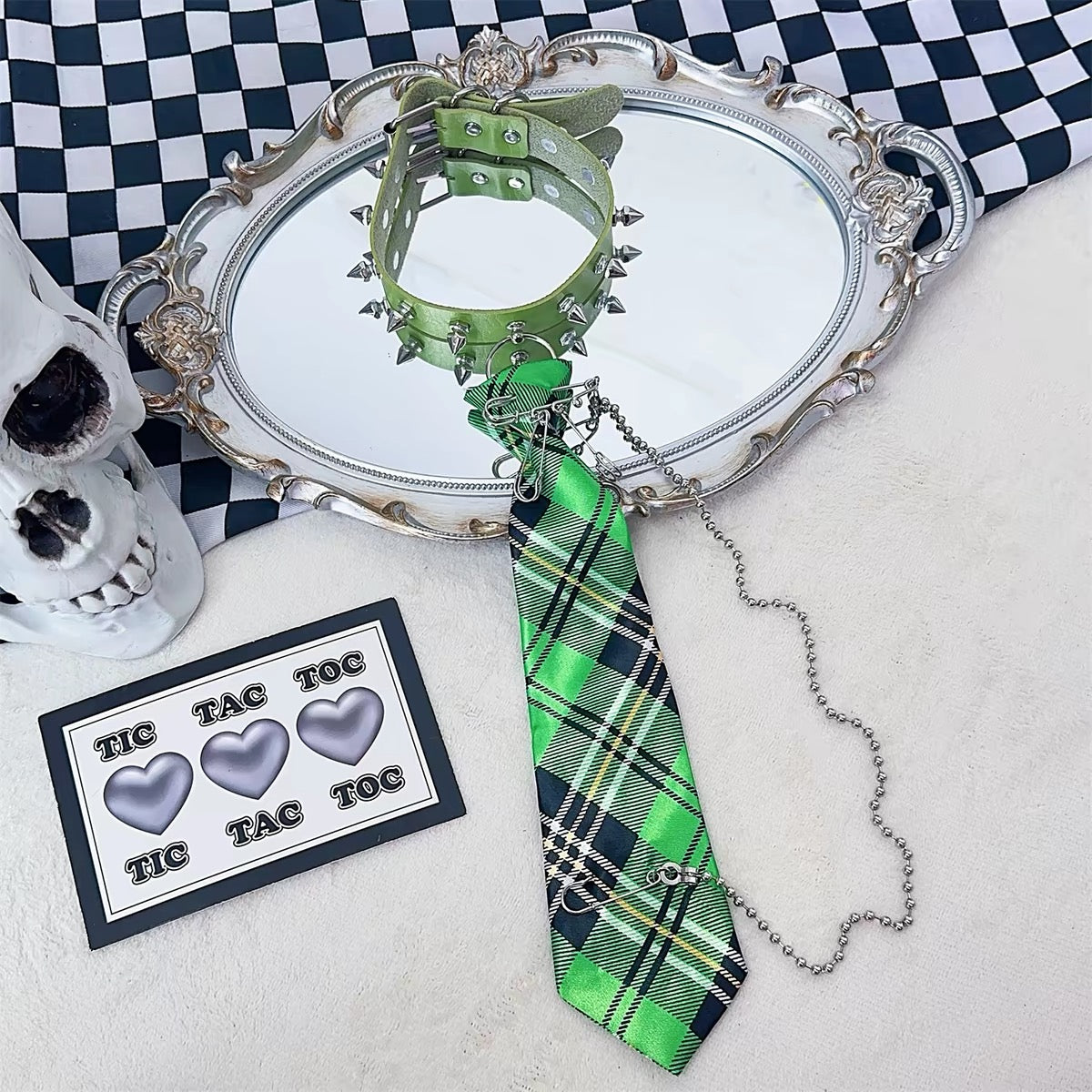 Blue plaid tie with matching spiked choker and chain