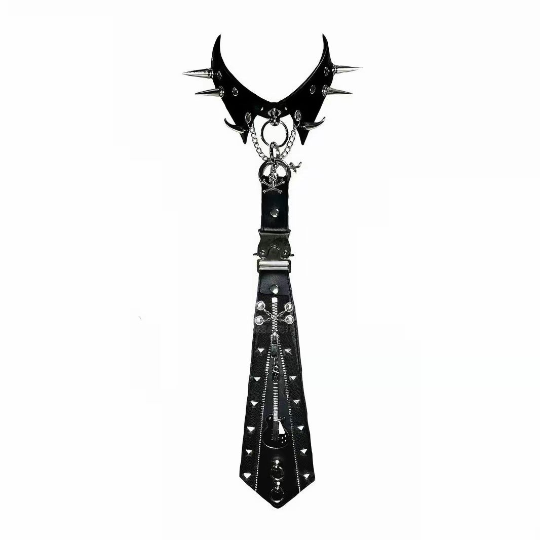Black spiked choker punk tie front view