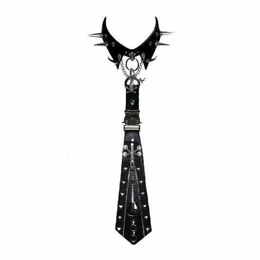 Black spiked choker punk tie front view