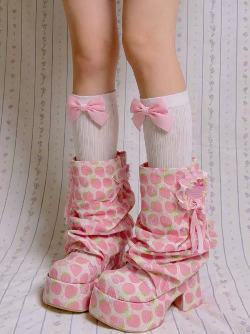 Pink strawberry print slouch platform boots worn
