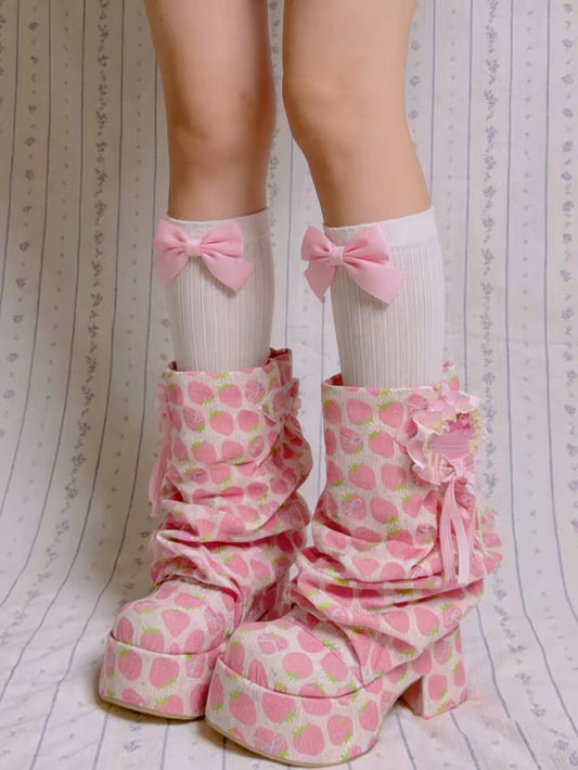 Pink strawberry print slouch platform boots worn