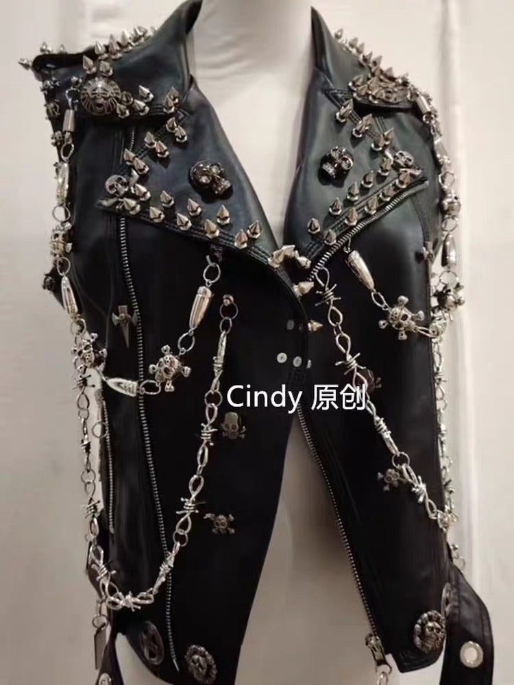 Black studded PU moto vest with chains and skull hardware