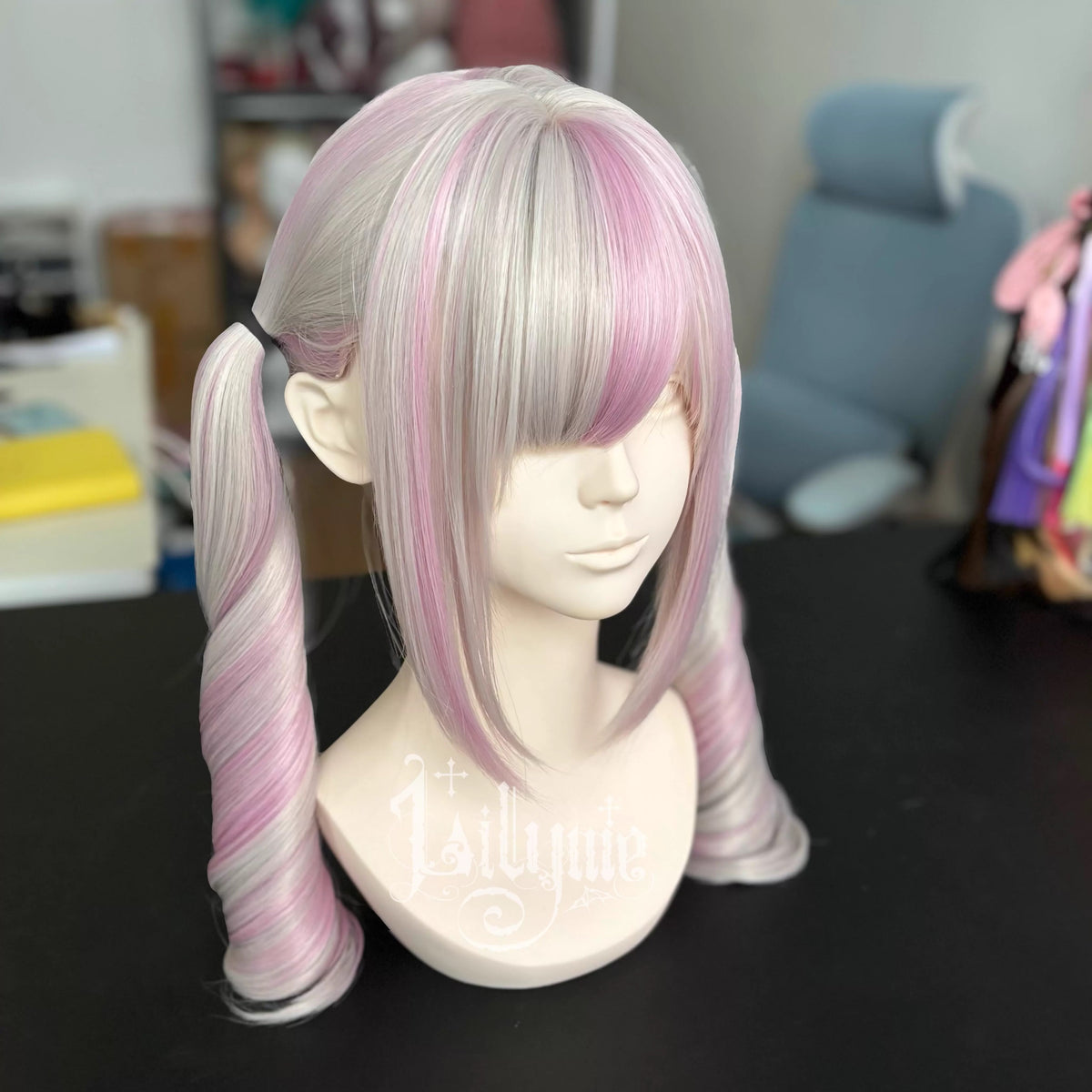 Pink and silver Sugar Curl twin-tail spiral wig