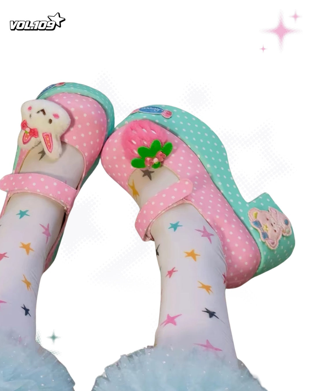 Pink and mint polka dot platform Mary Jane shoes with bunny and strawberry plush details