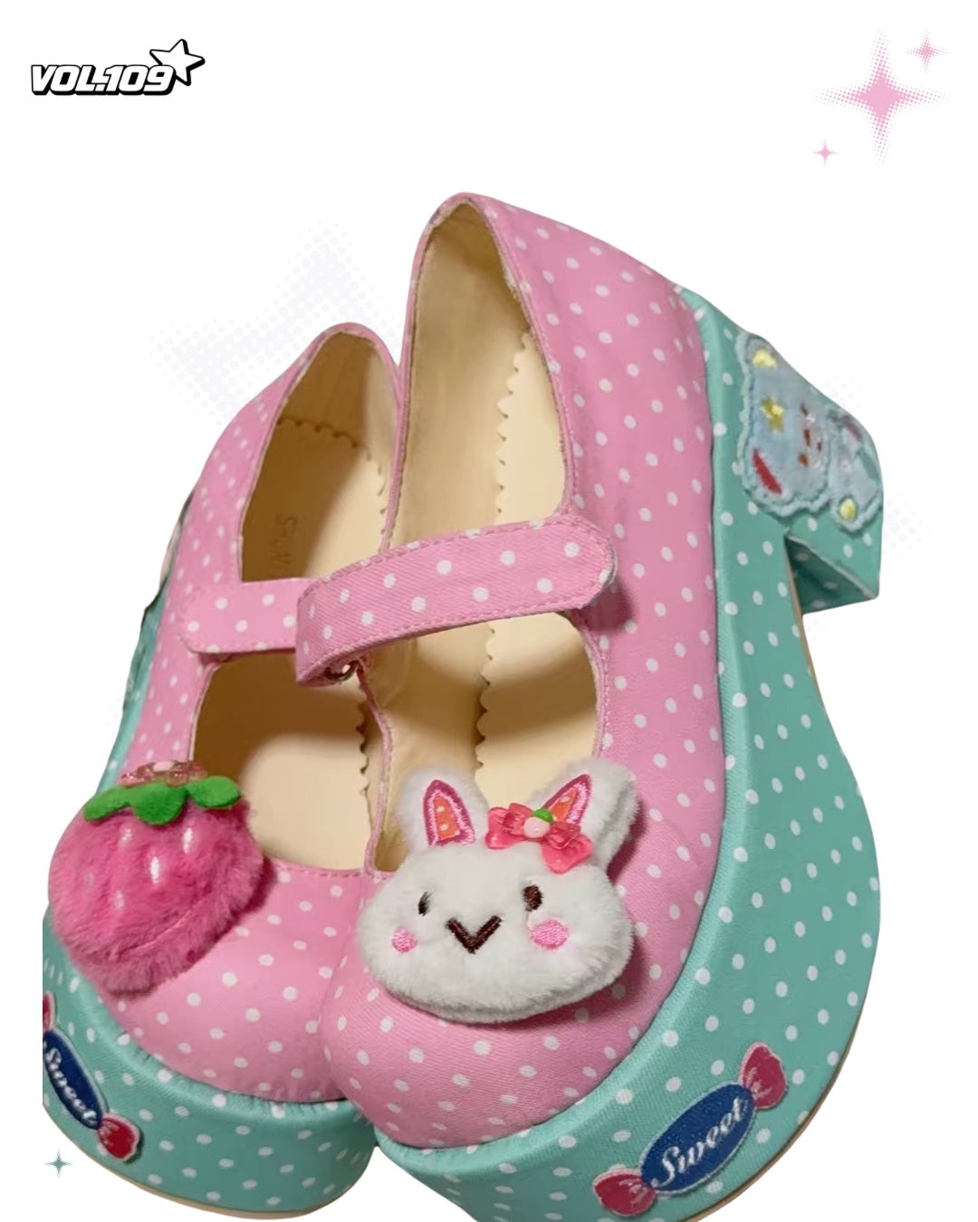 Pink and mint polka dot platform Mary Jane shoes side view with plush bunny detail