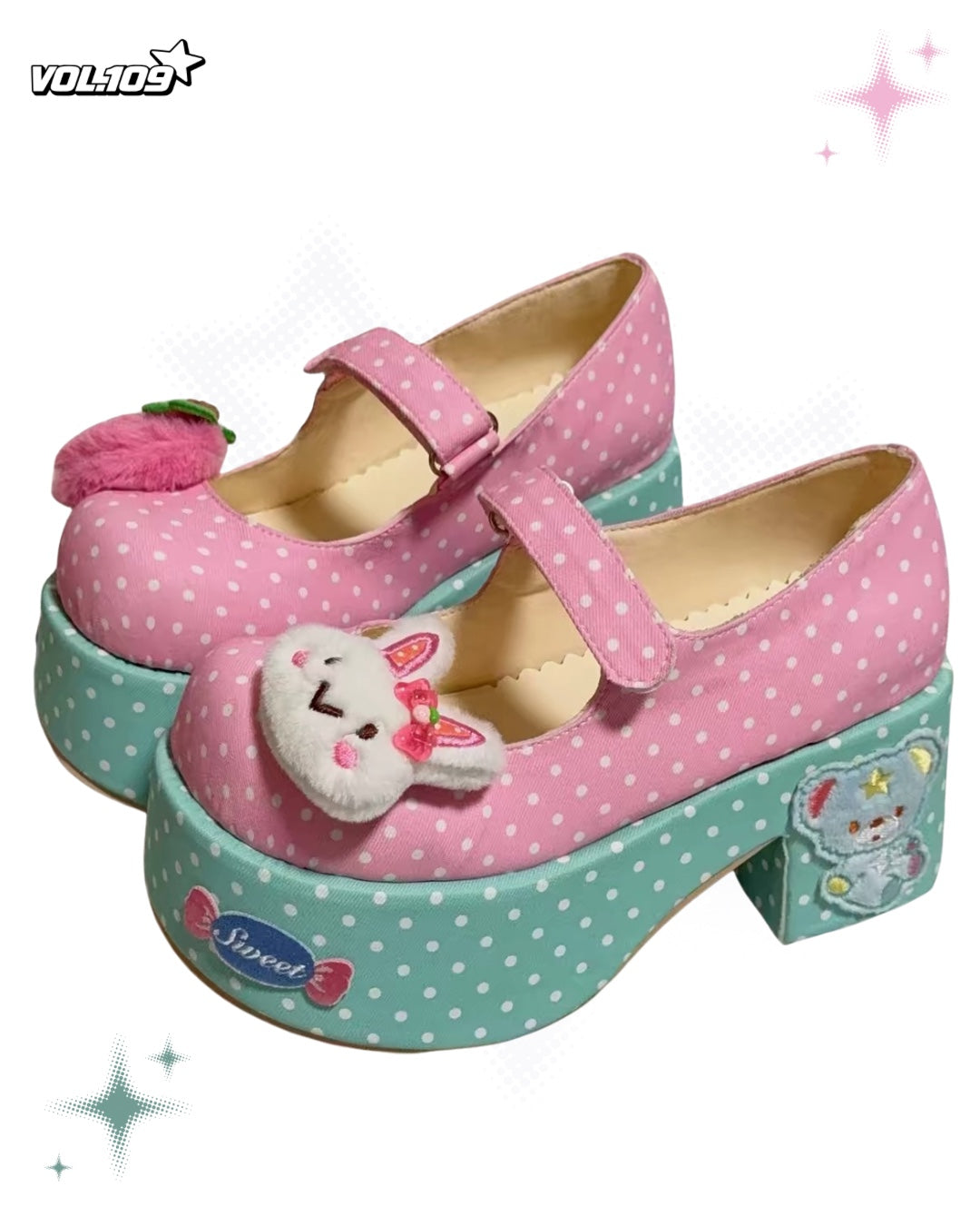 Pink polka dot Mary Jane platform shoes with mint platform and cute embroidered details