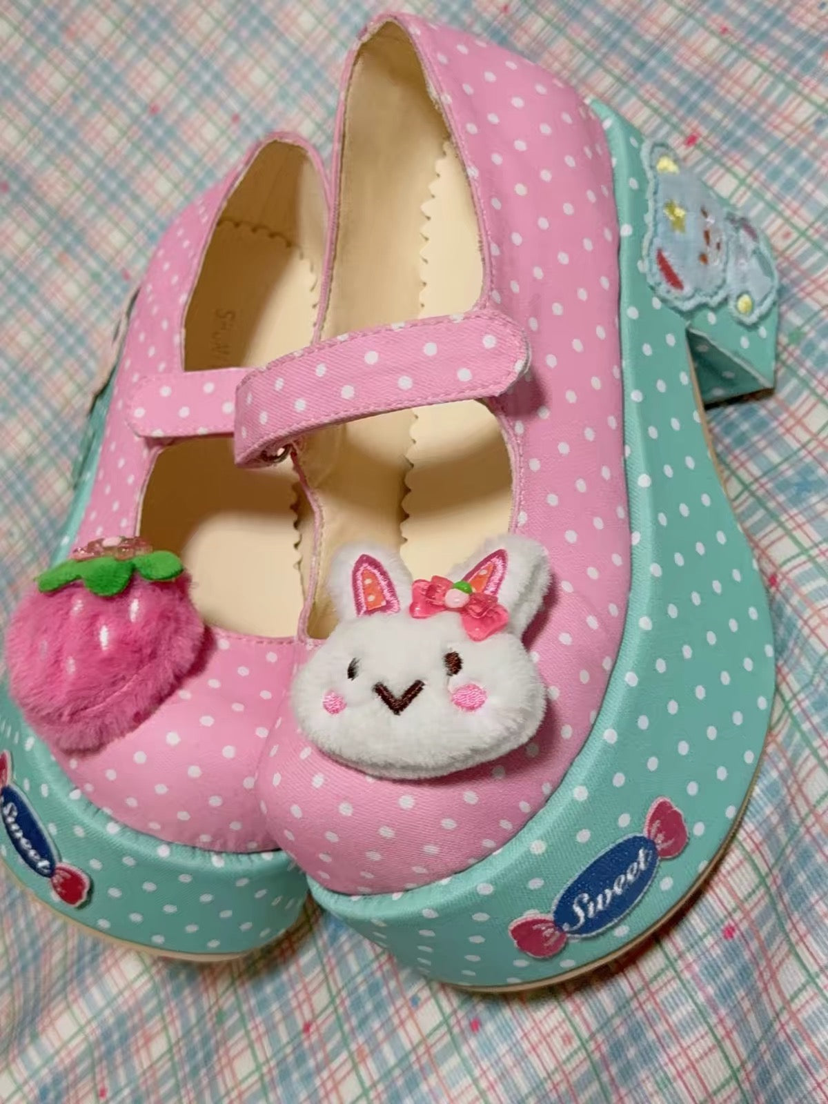 Pink and mint polka dot platform shoes with bunny and strawberry decorations