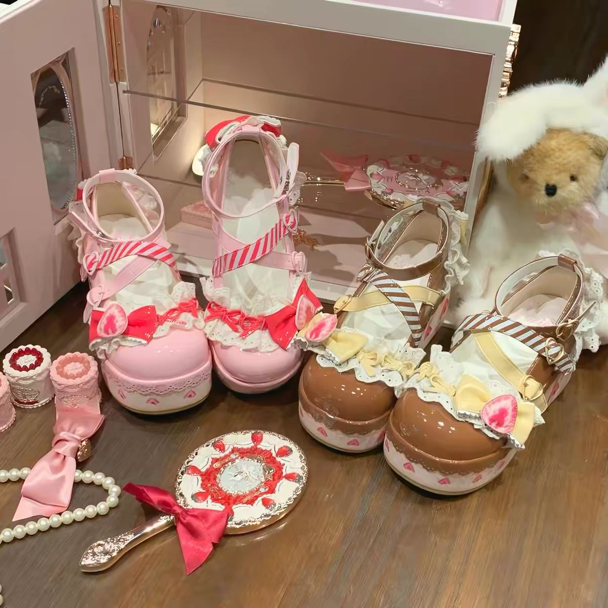 Sweetheart lace platform Lolita shoes in pink and brown colorways