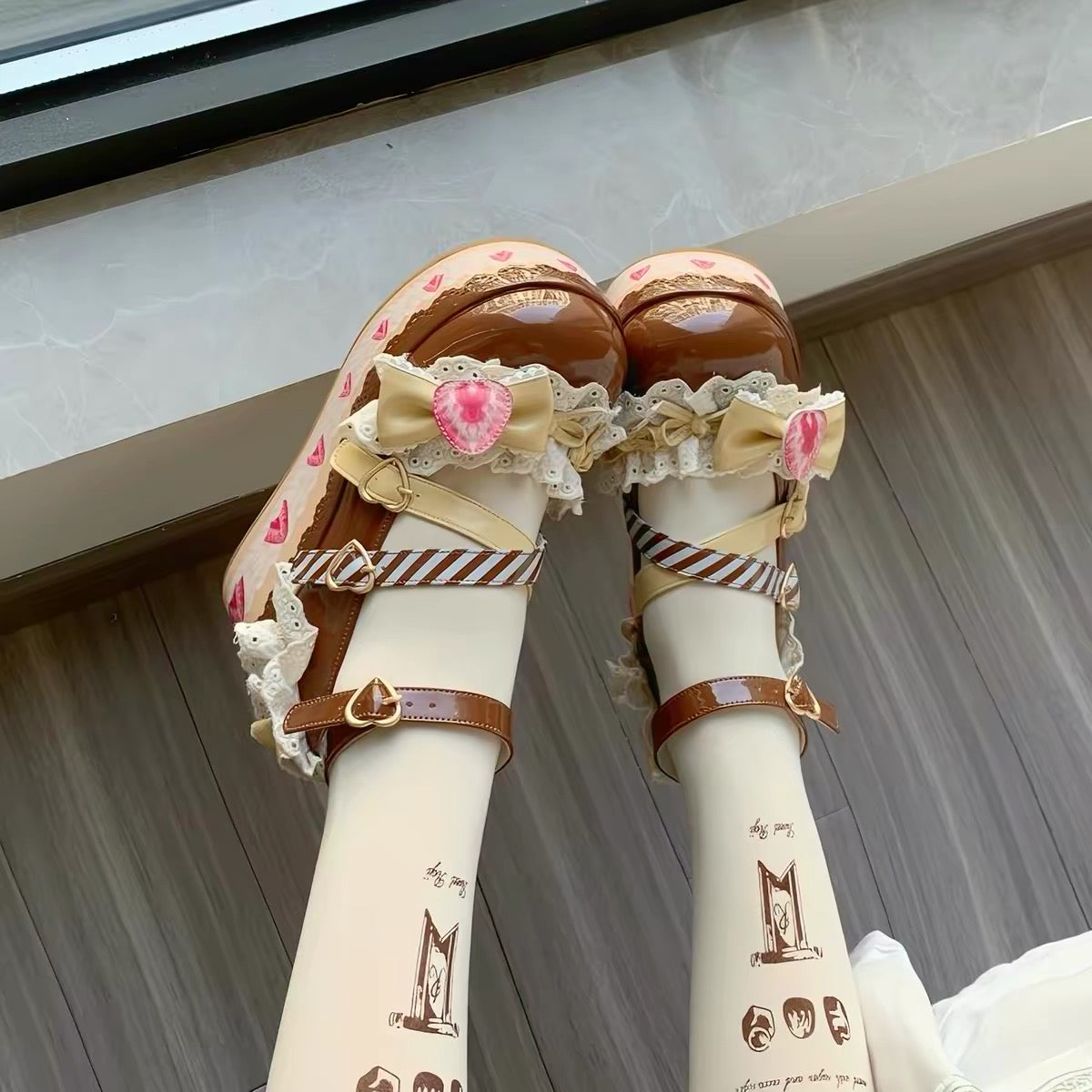 Brown lace platform Lolita shoes with bows and heart details