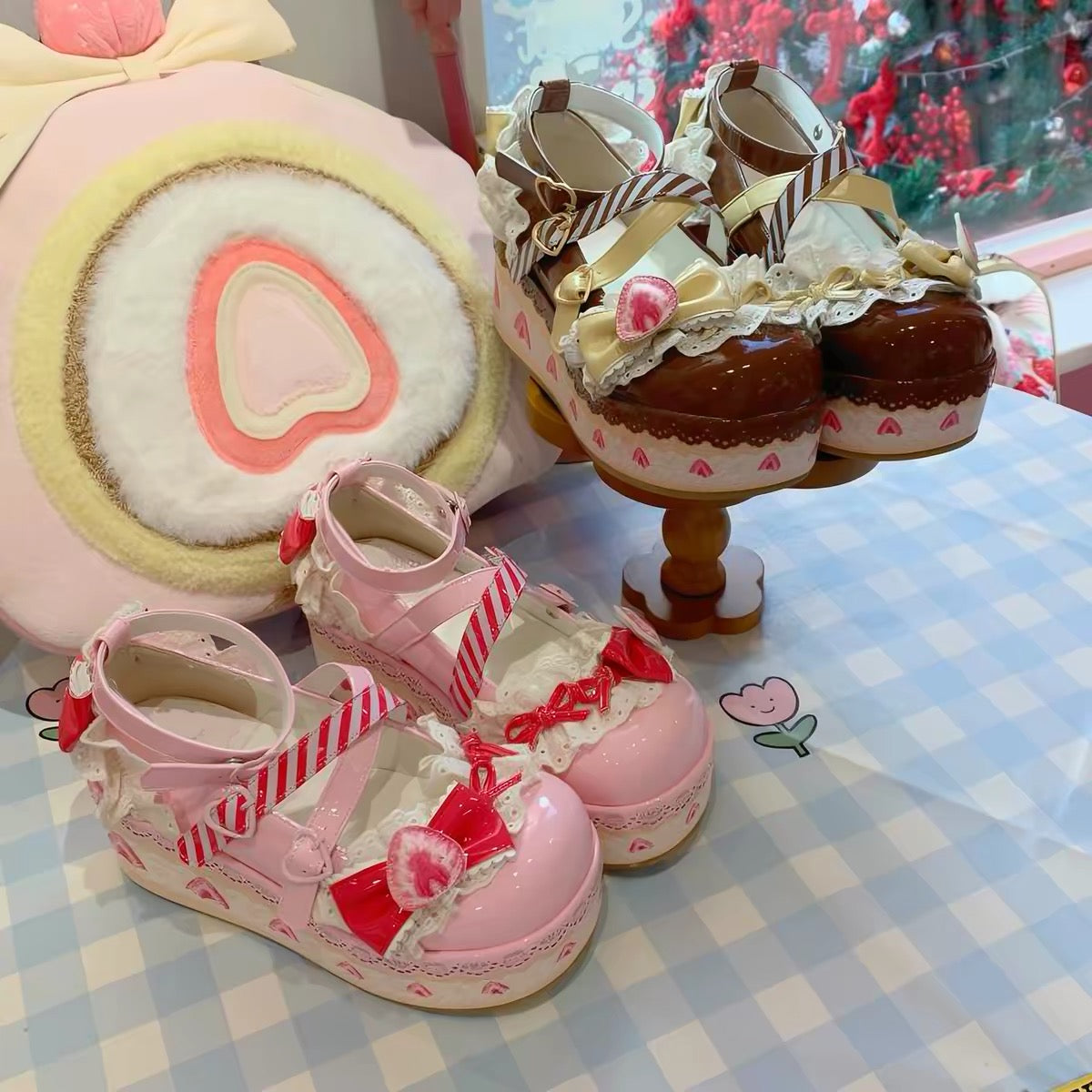 Pink and brown lace platform Lolita shoes with striped straps