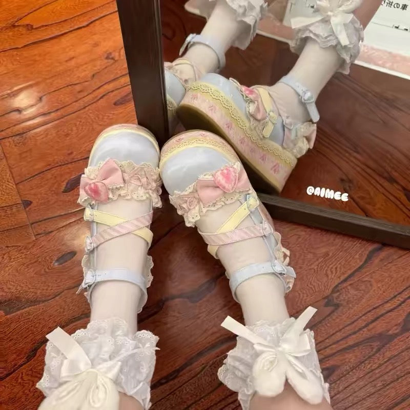 Pastel lace platform Lolita shoes with bow and heart accents