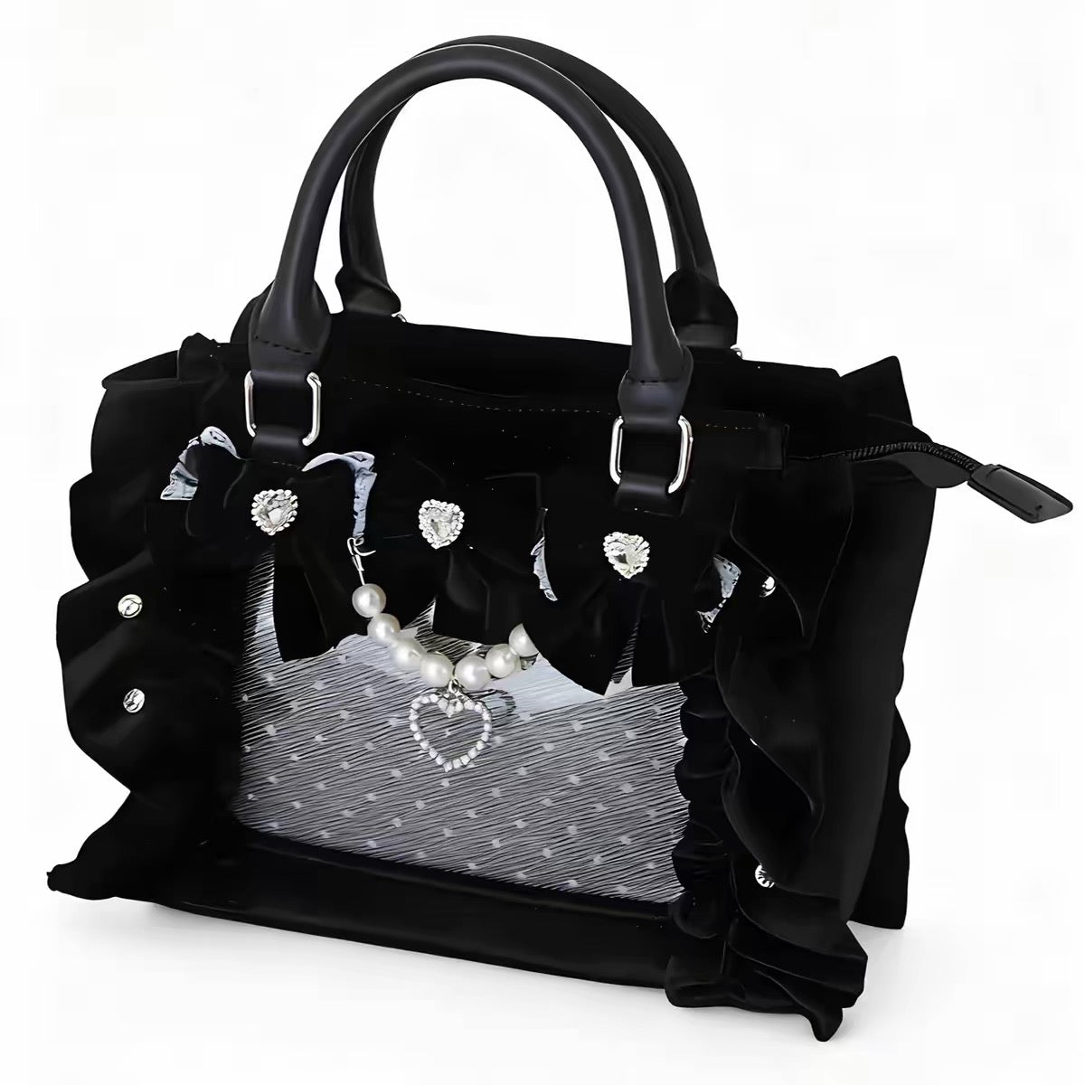 Black velvet bow ita bag with pearl heart details