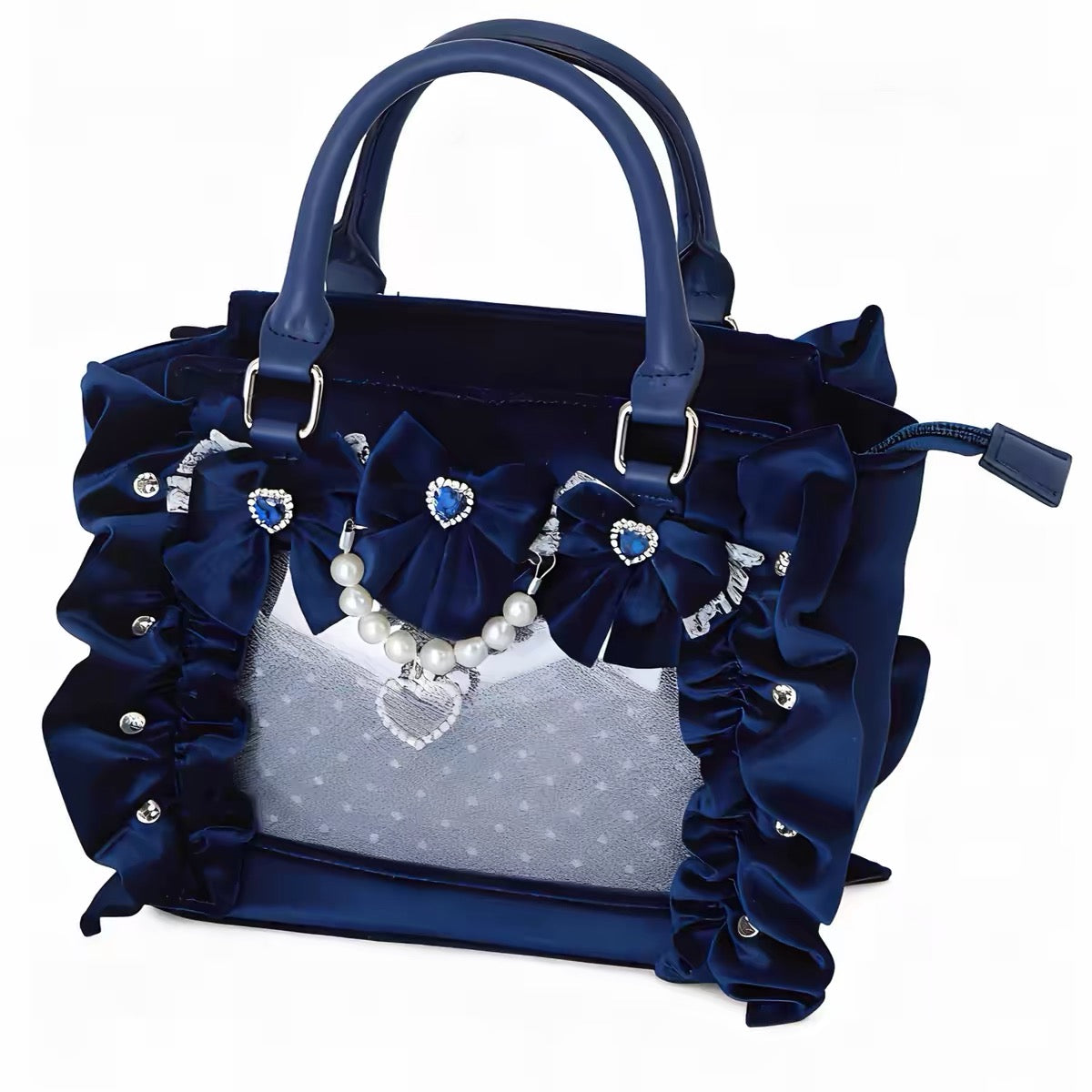 Navy blue velvet bow ita bag with pearl heart details