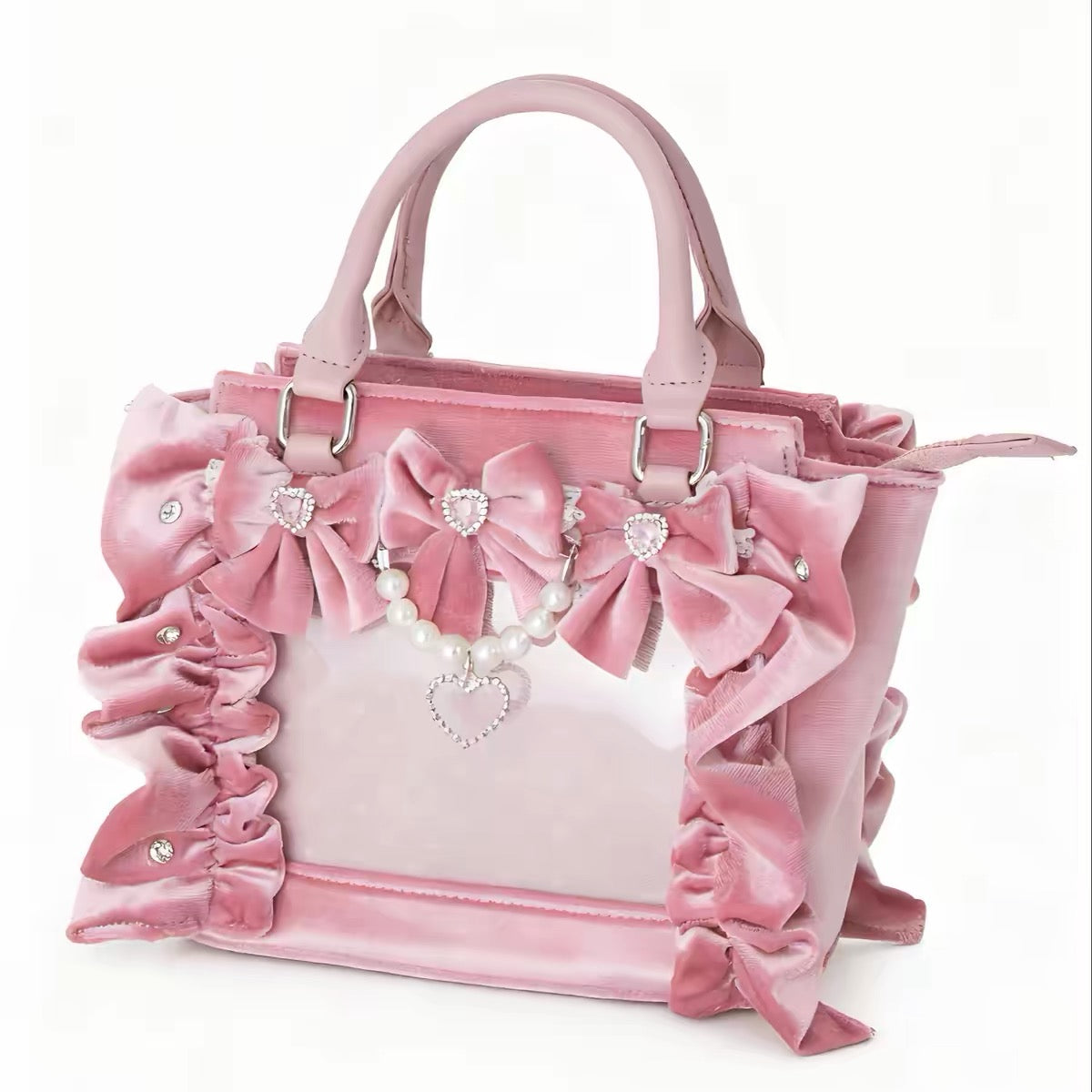 Pink velvet bow ita bag with ruffles and pearl heart details