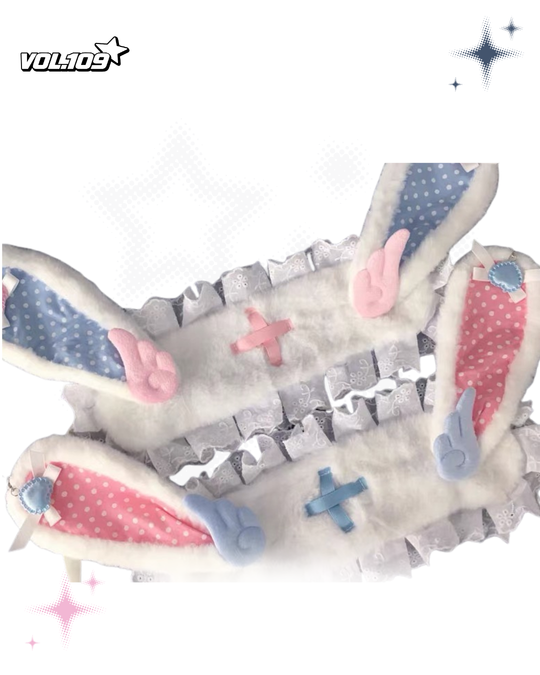 White plush bunny ear headdress with pink and blue wings