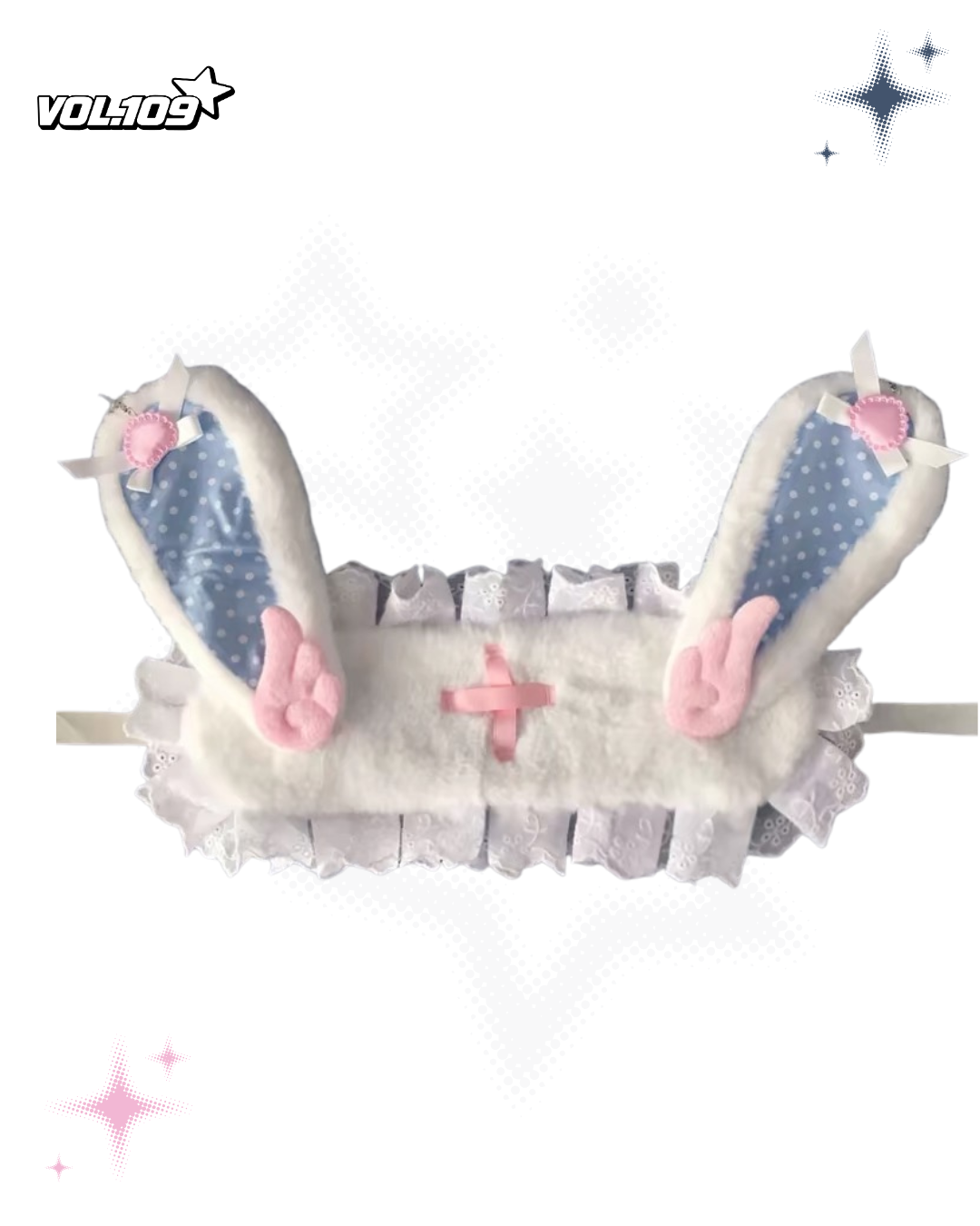 White plush bunny ear headdress detail view