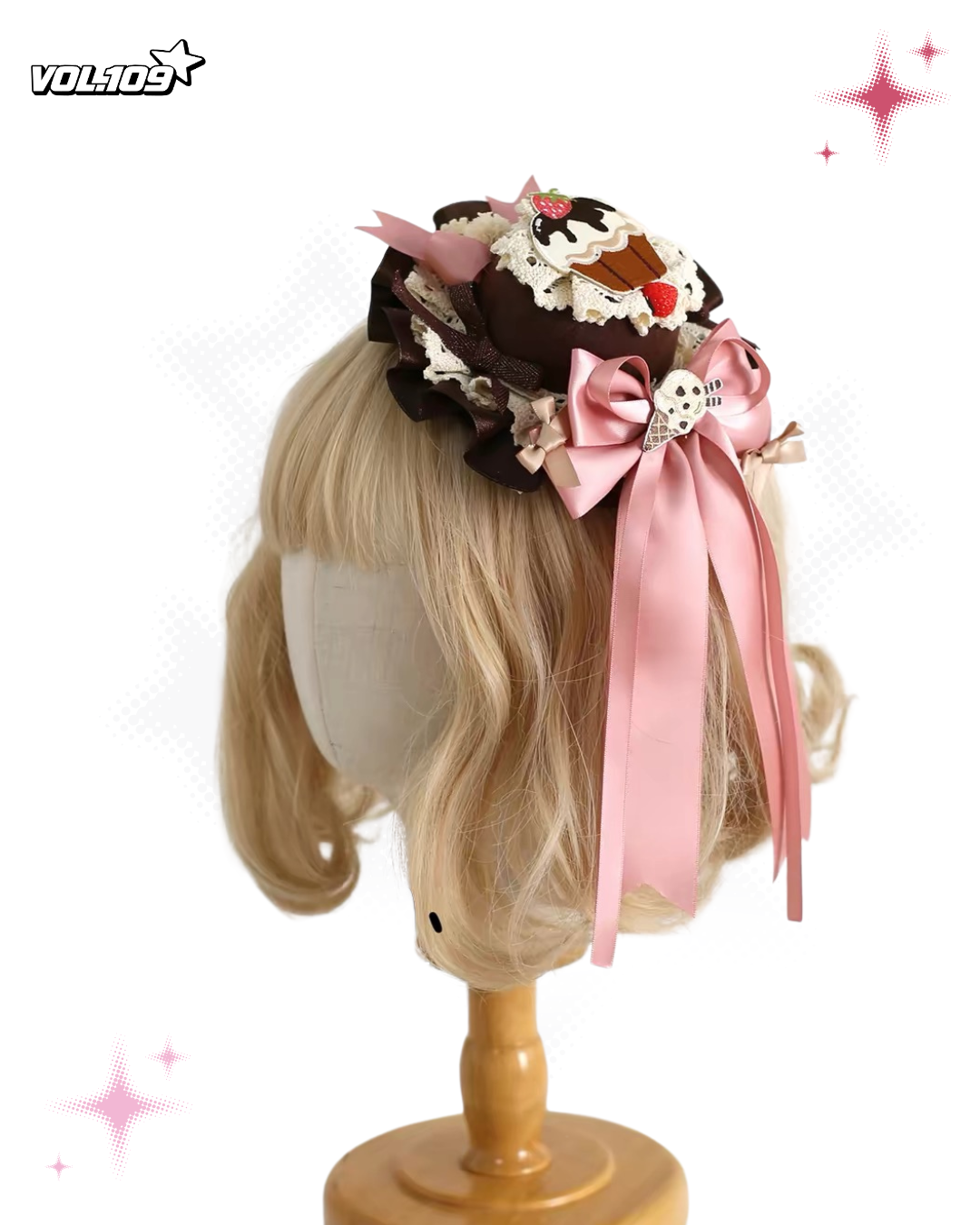 Chocolate and pink dessert-inspired headdress worn on blonde wig
