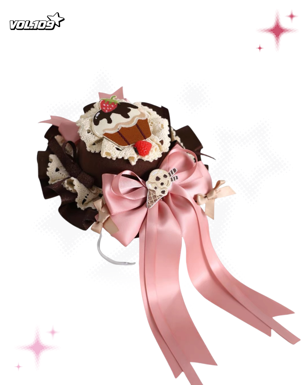 Chocolate and pink dessert-inspired ribbon headdress detail