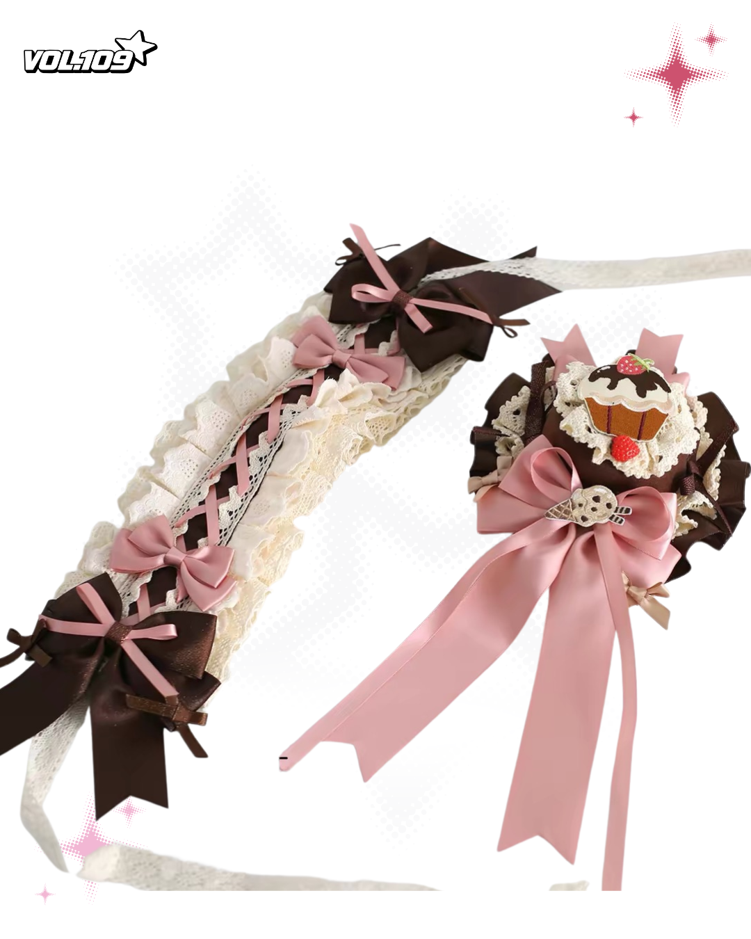 Chocolate pink lace headband and dessert headdress pieces