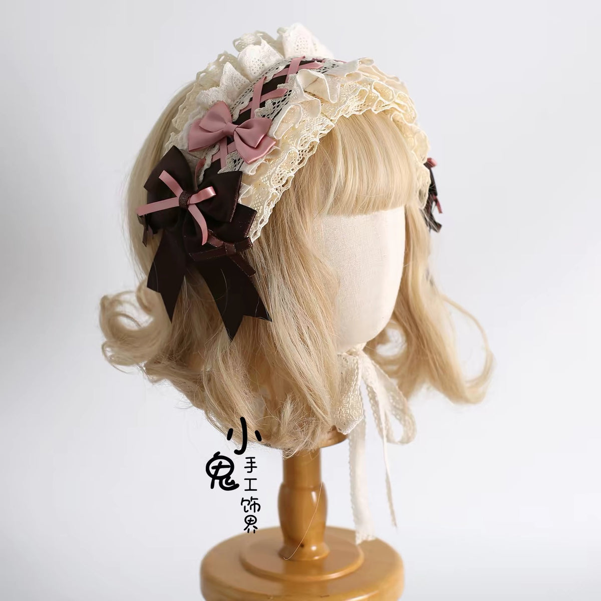 Cream lace ribbon headband worn on blonde wig