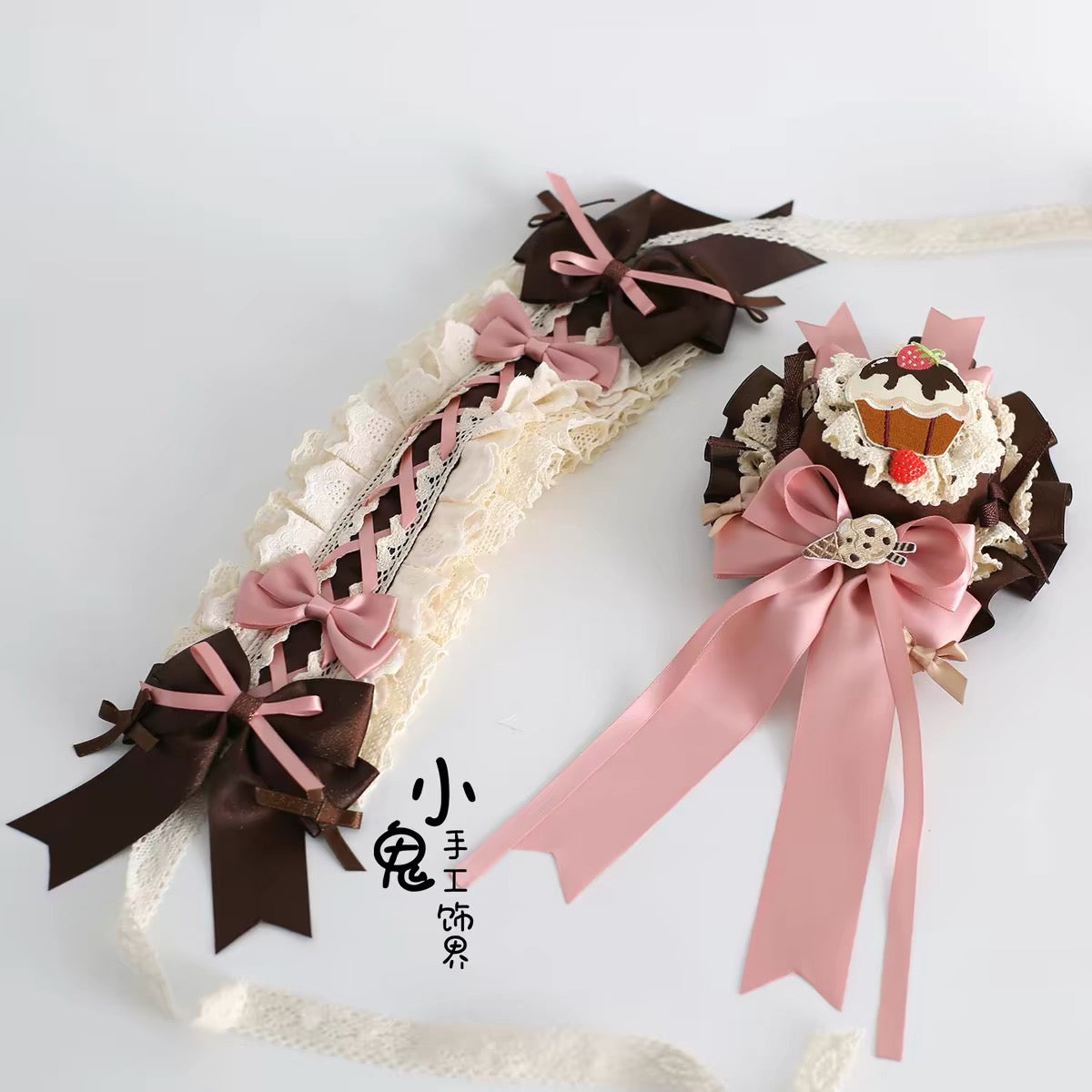 Chocolate and pink dessert headdress side view with long ribbons