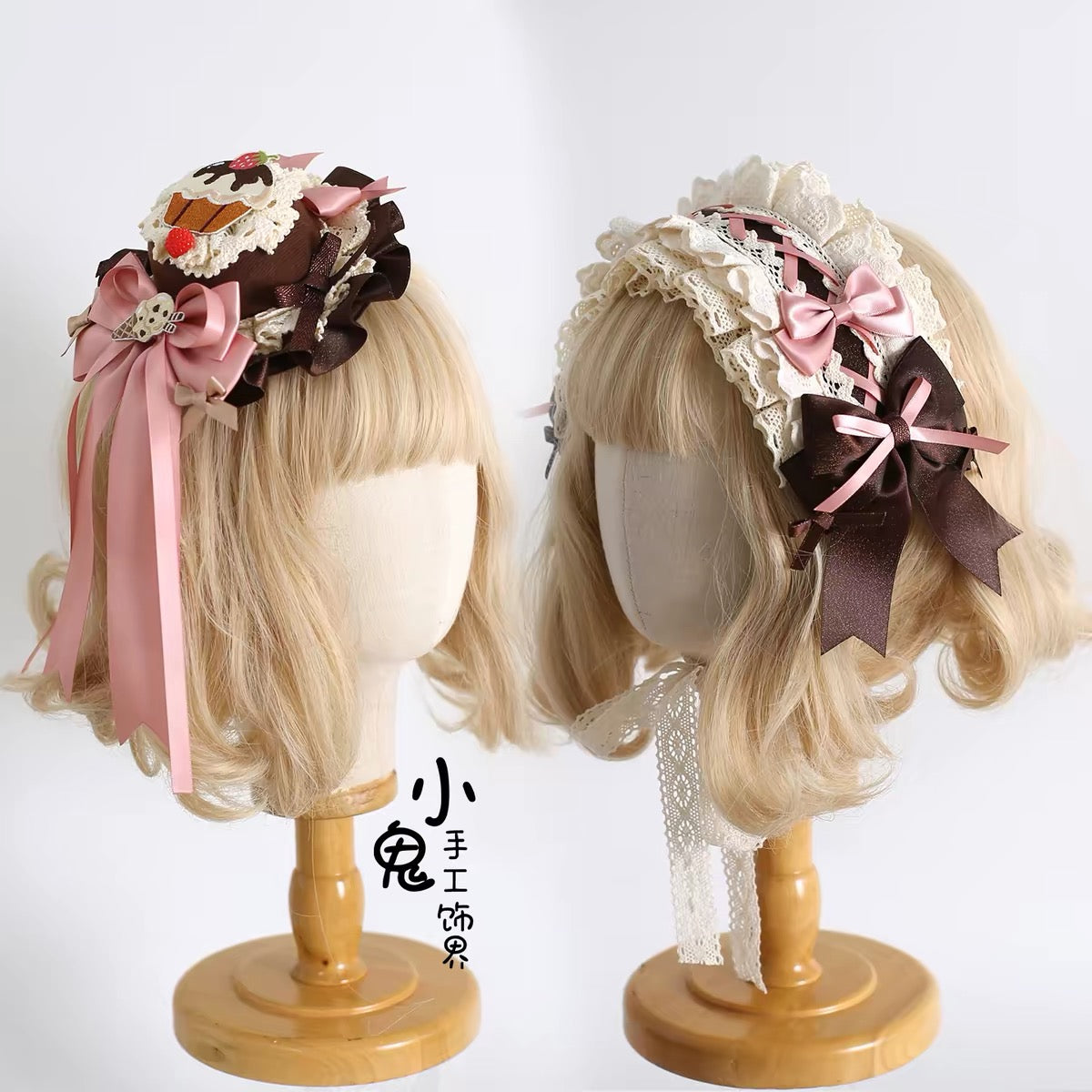 Chocolate and pink dessert ribbon headdress laid flat