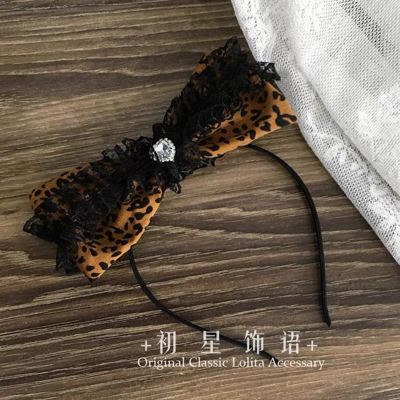 Leopard and black lace bow headband with rhinestone heart