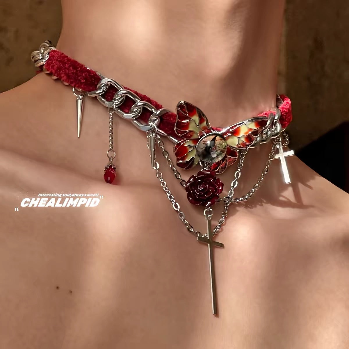 Red butterfly cross chain choker necklace