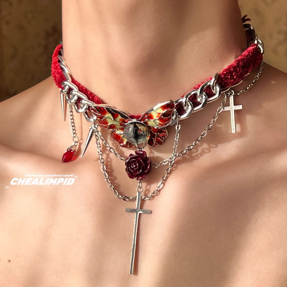 Red butterfly cross chain choker necklace detail