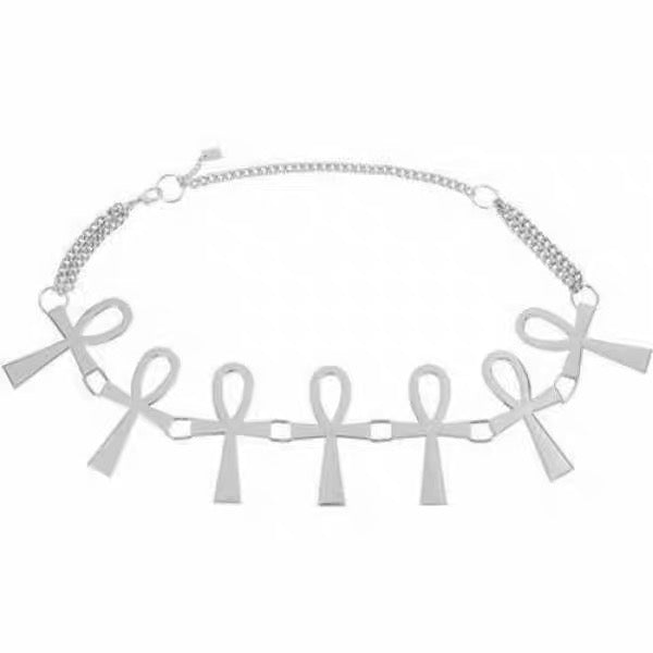 Full view of the silver-tone ankh link belt with chain fastening on a white background