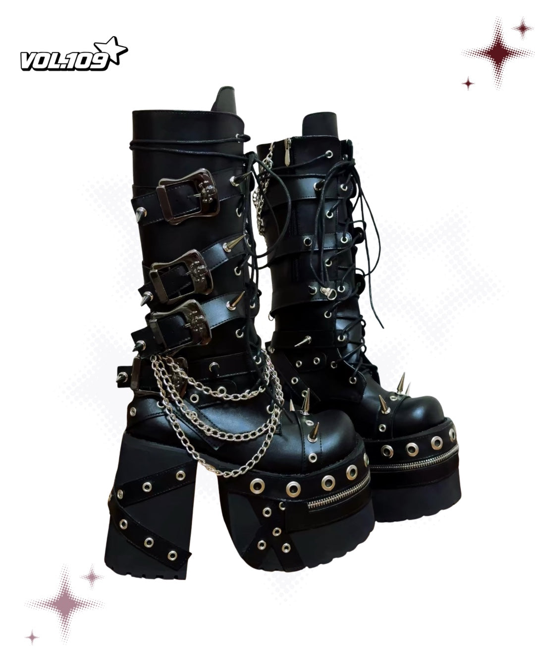 Black spiked chain platform boots angled view