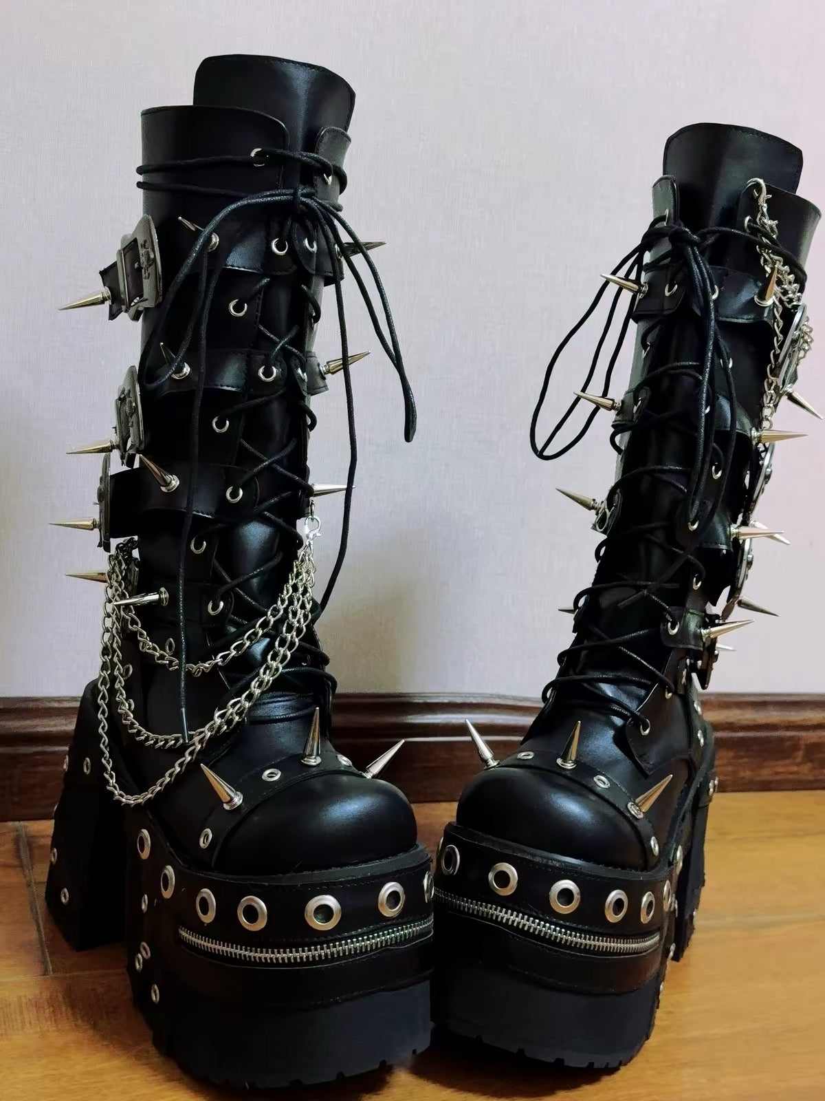 Black spiked chain platform boots buckle and chain detail