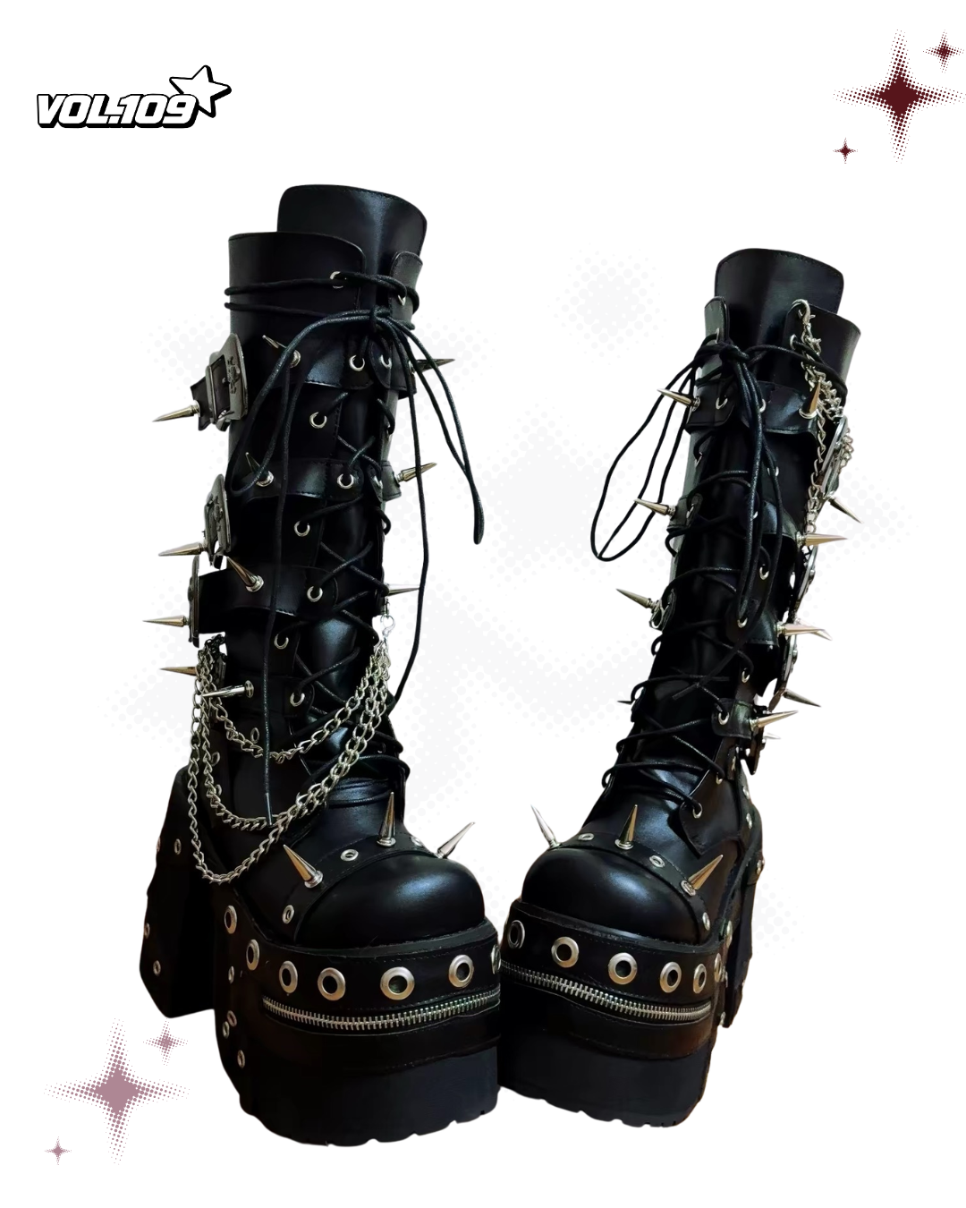Black spiked chain platform boots front view