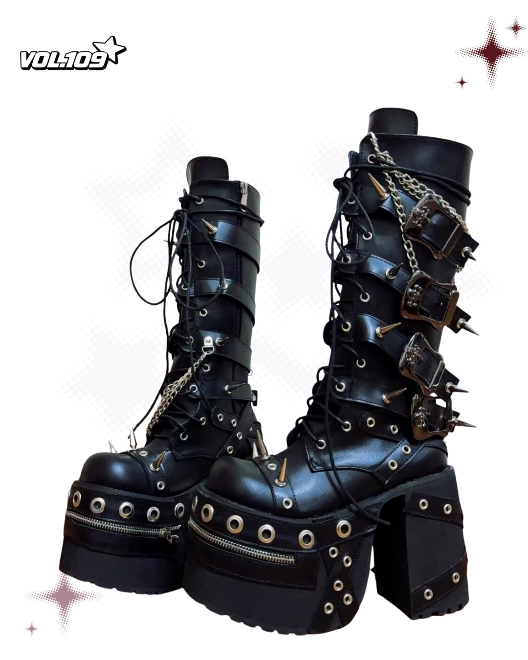 Black spiked chain platform boots side view