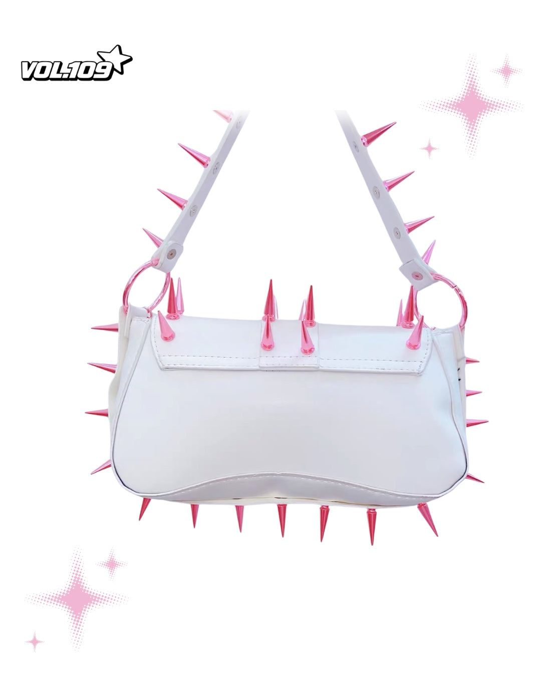 Back view of white shoulder bag with pink spikes