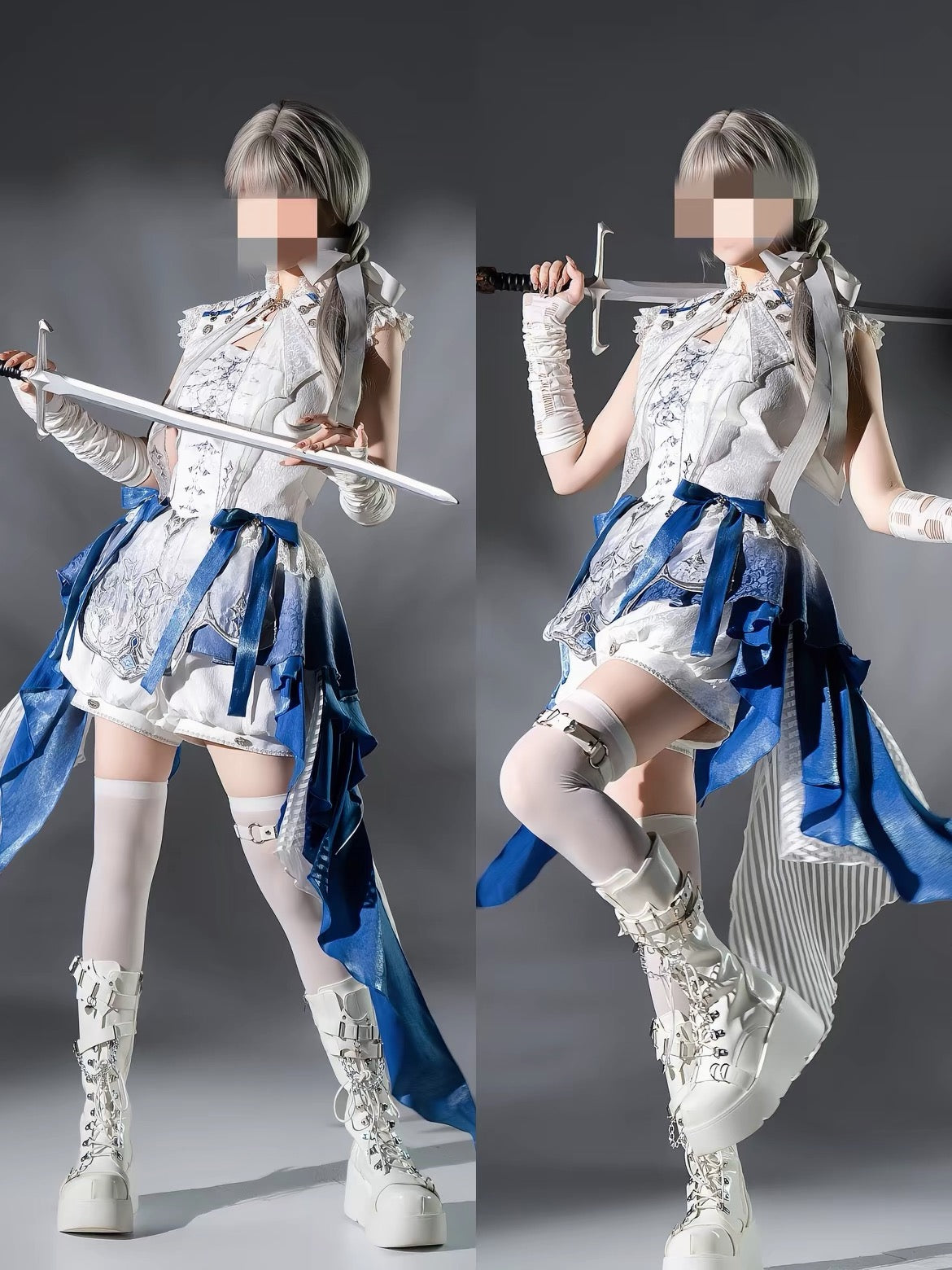 White platform knee-high boots styled with blue and white outfit