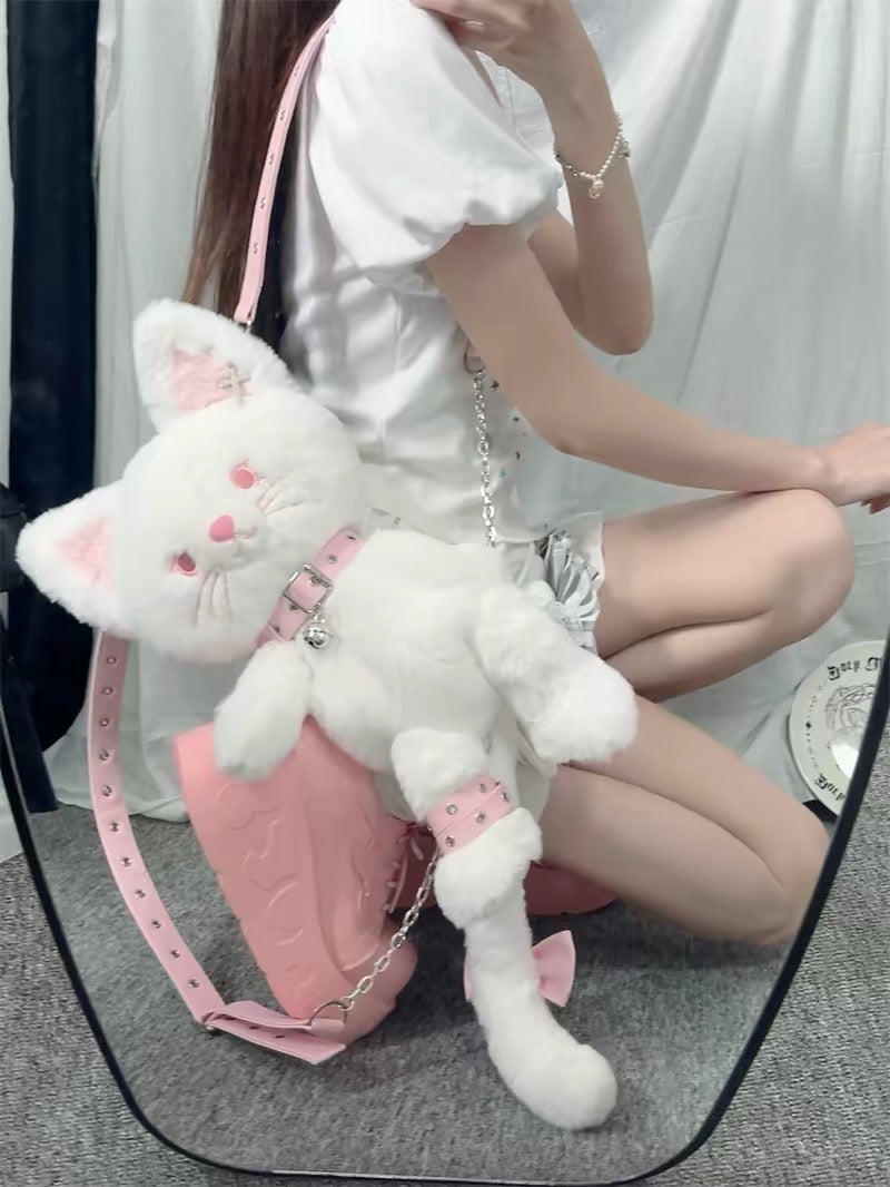White plush cat crossbody bag with long tail and pink bow